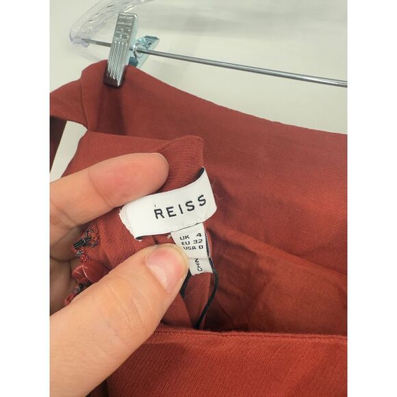 Reiss Women Pleated Midi Rust Linen Blend Skirt High Waisted Tie Waist NWT Sz 0 - Picture 8 of 8